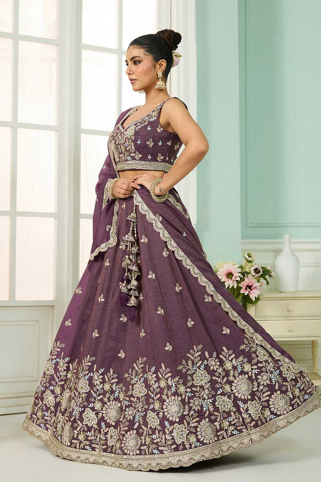 Purple Floral Embroidered Tissue Lehenga