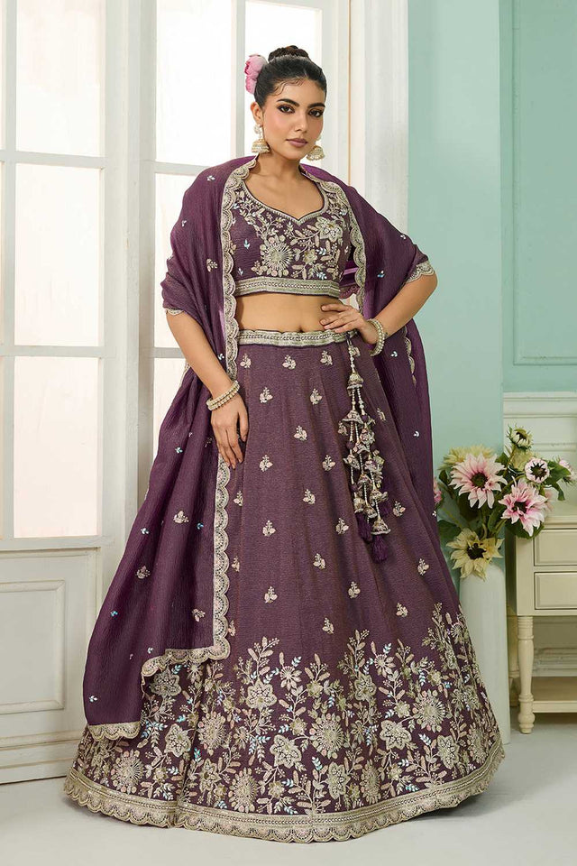 Purple Floral Embroidered Tissue Lehenga