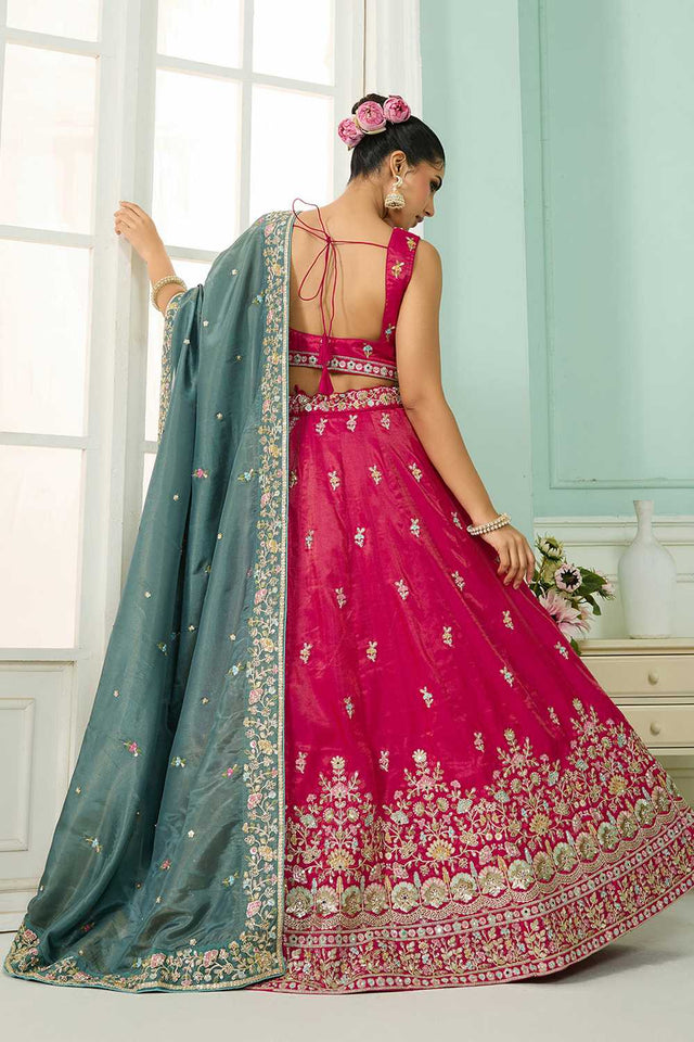 Pink Floral Embroidered Silk Lehenga