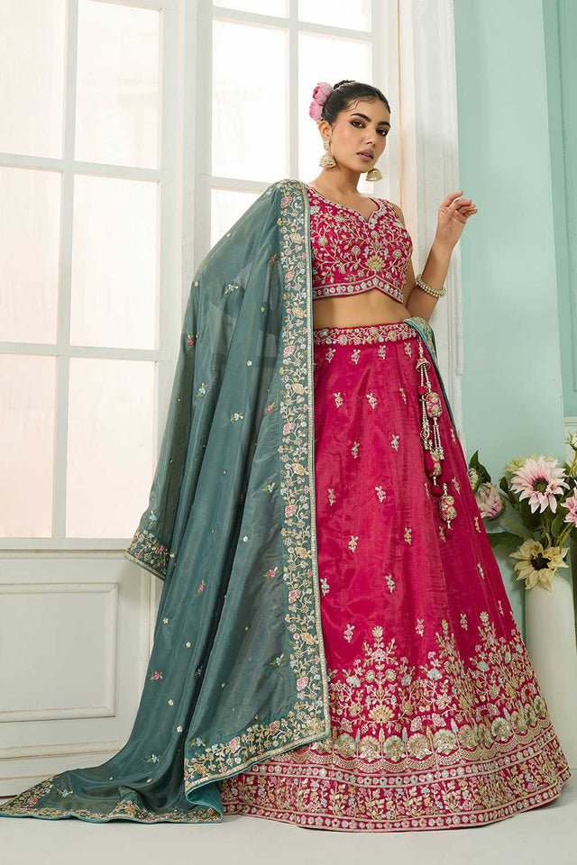 Pink Floral Embroidered Silk Lehenga