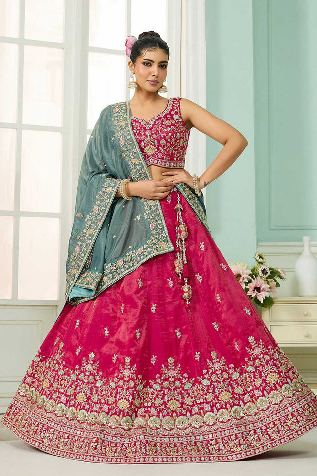 Pink Floral Embroidered Silk Lehenga