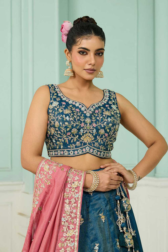 Turquoise Floral Embroidered Silk Lehenga