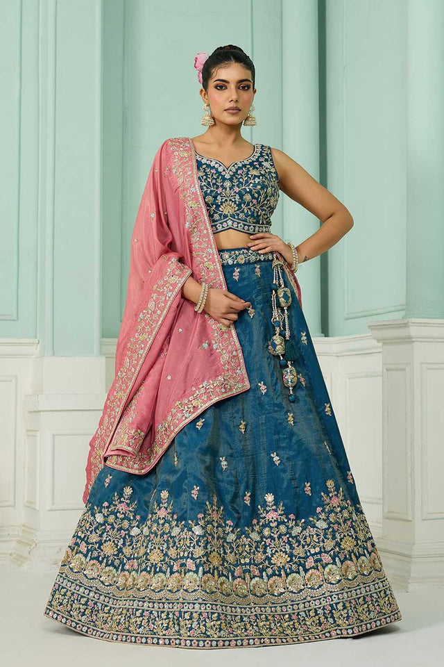 Turquoise Floral Embroidered Silk Lehenga