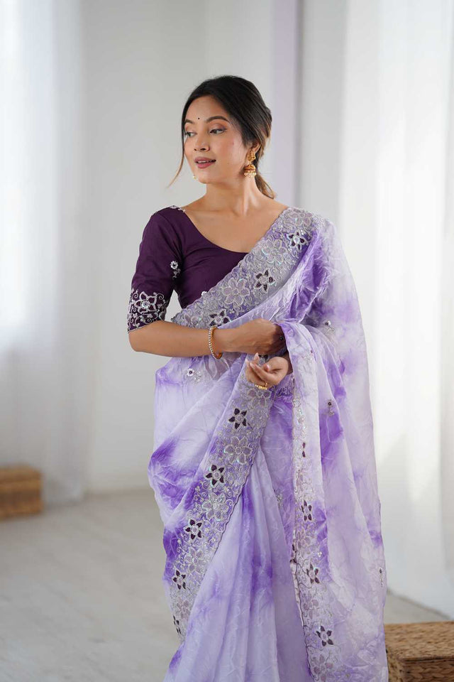Lavender Embroidered Tissue Saree
