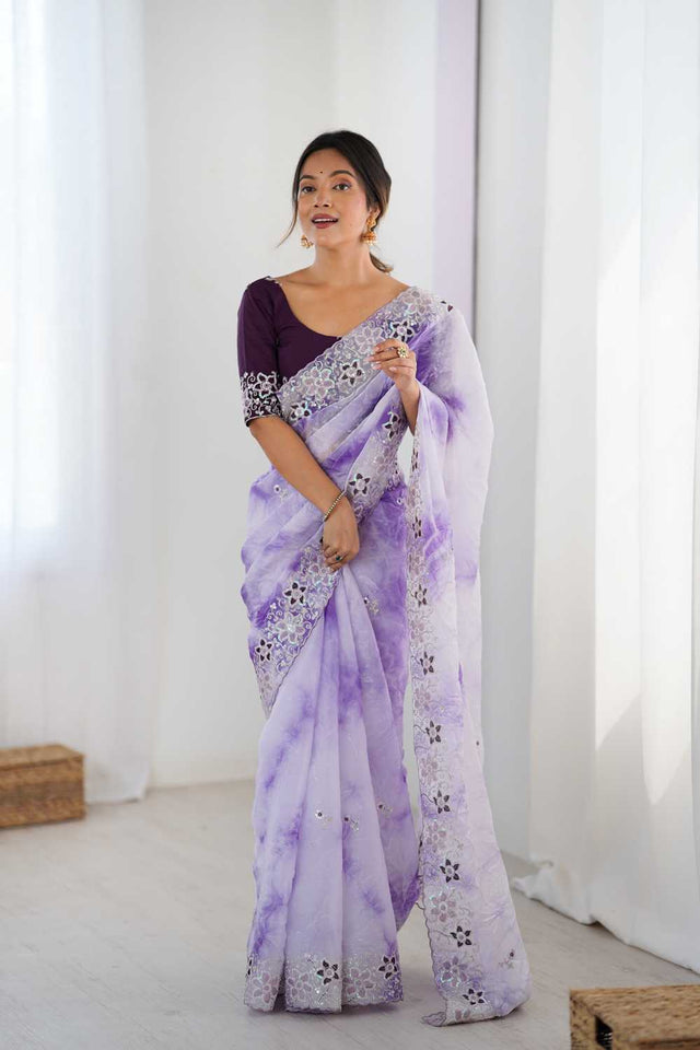Lavender Embroidered Tissue Saree