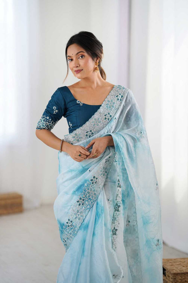 Sky Blue Embroidered Tissue Saree