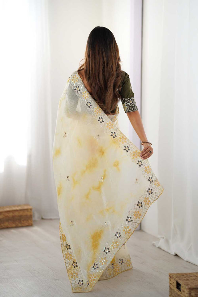 Yellow Embroidered Tissue Saree