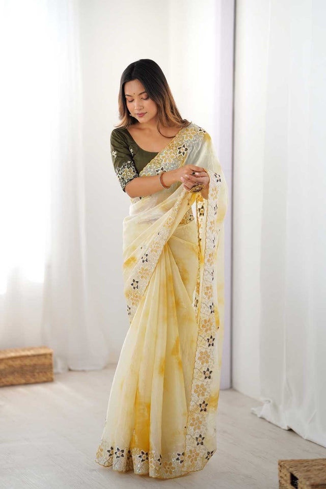 Yellow Embroidered Tissue Saree