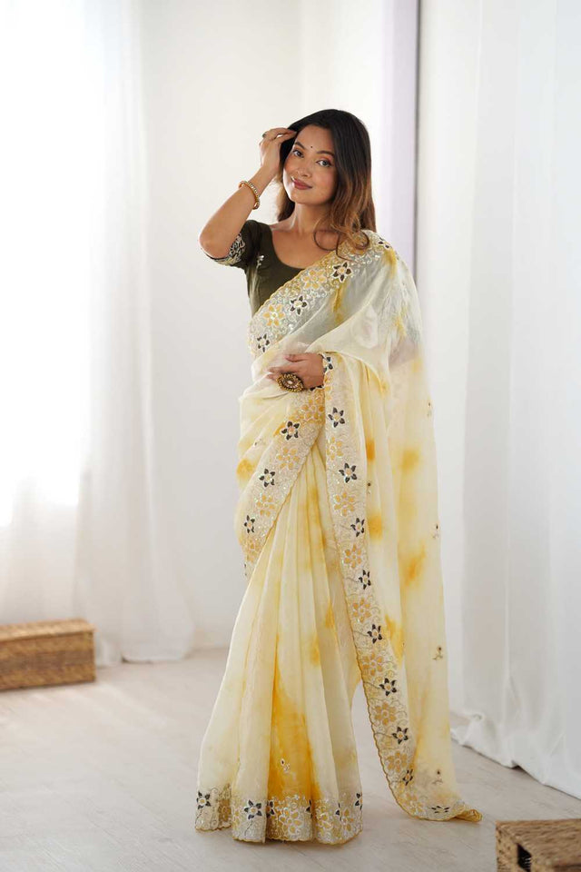 Yellow Embroidered Tissue Saree