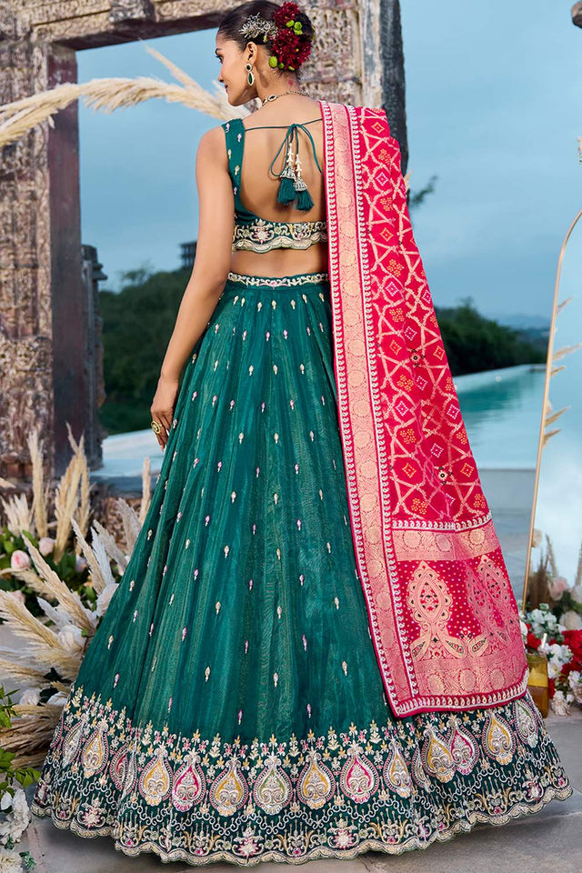 Turquoise Floral Embroidered Silk Lehenga