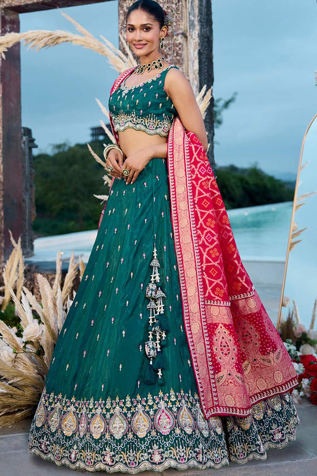 Turquoise Floral Embroidered Silk Lehenga