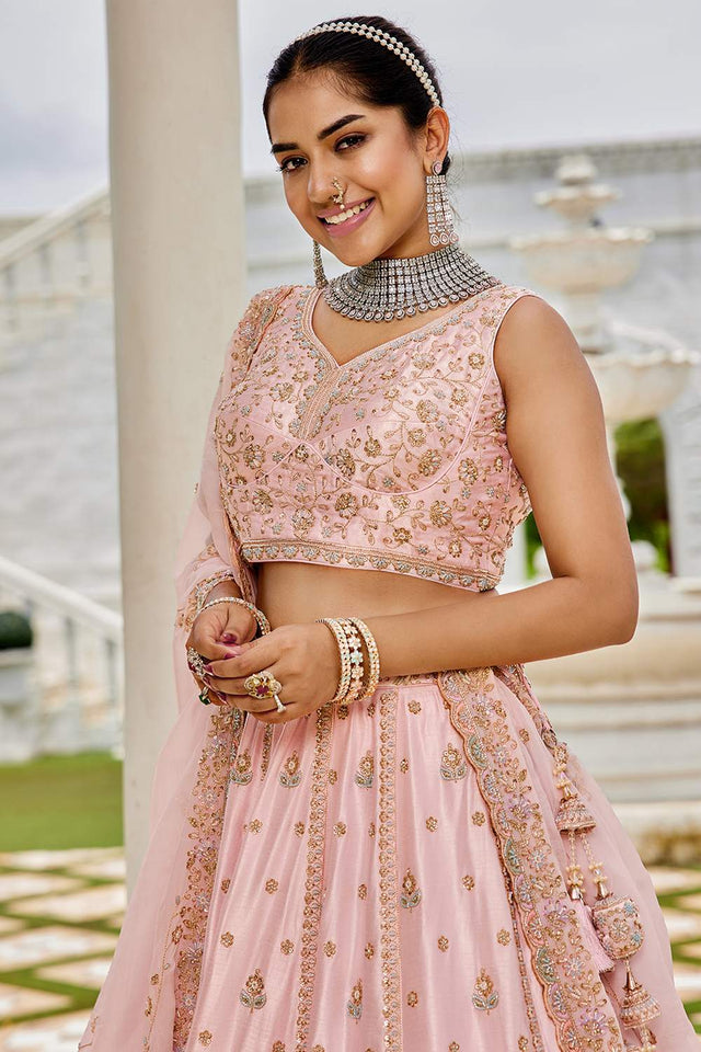 Pink Floral Embroidered Silk Lehenga