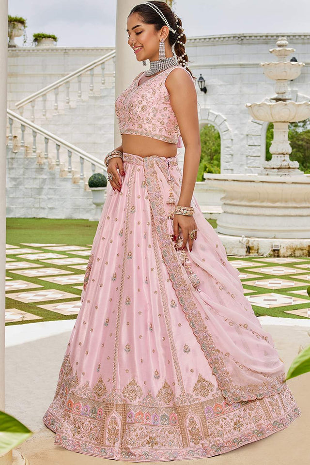 Pink Floral Embroidered Silk Lehenga