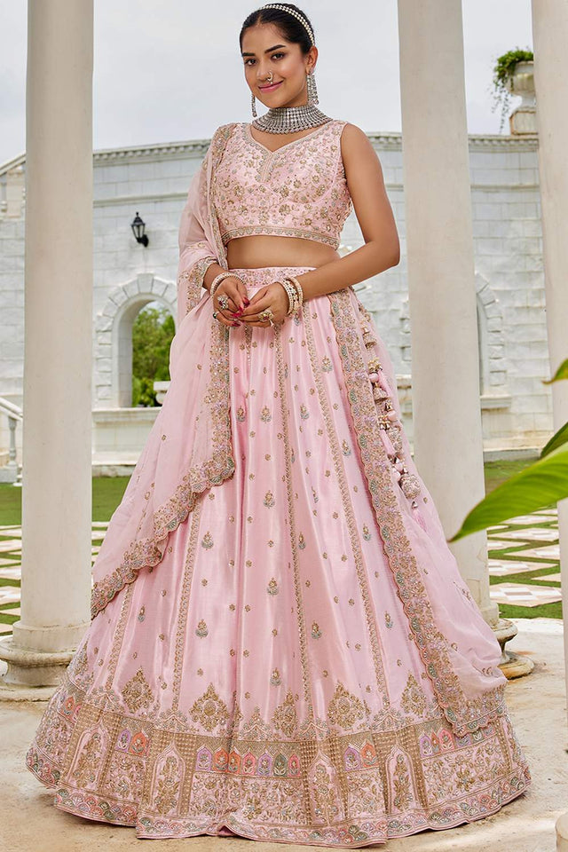 Pink Floral Embroidered Silk Lehenga