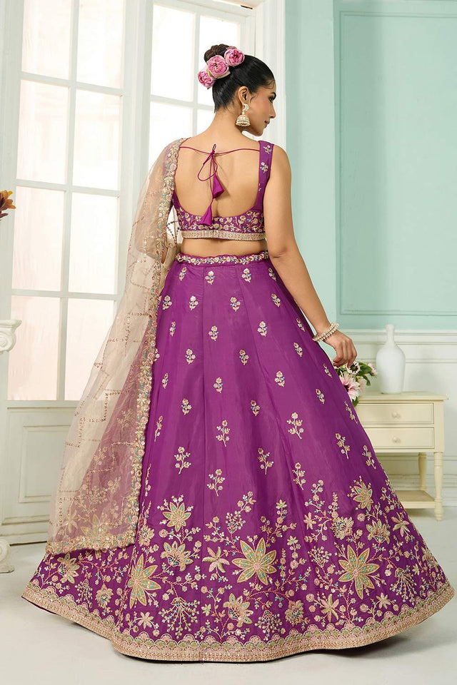 Purple Floral Embroidered Georgette Lehenga