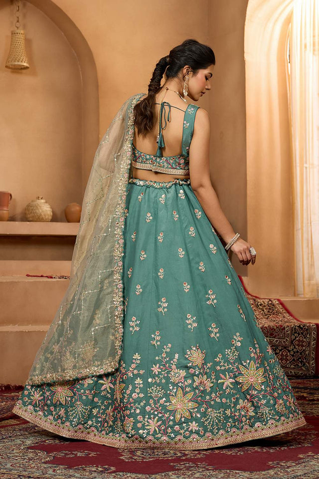 Green Floral Embroidered Georgette Lehenga