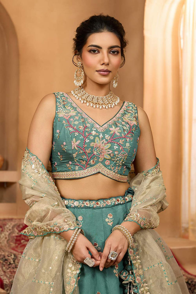 Green Floral Embroidered Georgette Lehenga