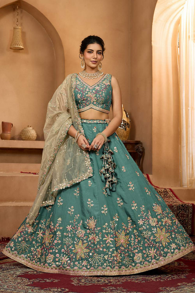 Green Floral Embroidered Georgette Lehenga