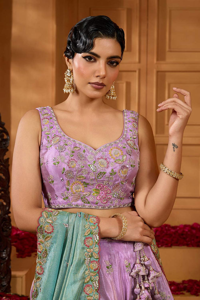 Lavender Floral Embroidered Satin Lehenga