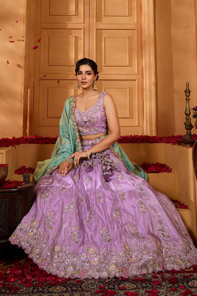 Lavender Floral Embroidered Satin Lehenga