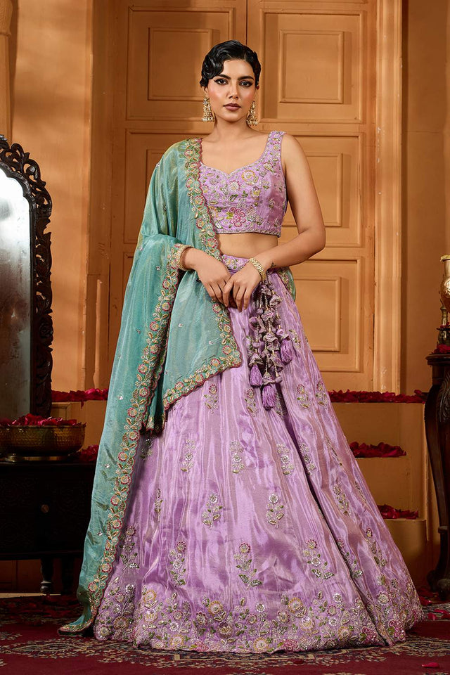 Lavender Floral Embroidered Satin Lehenga