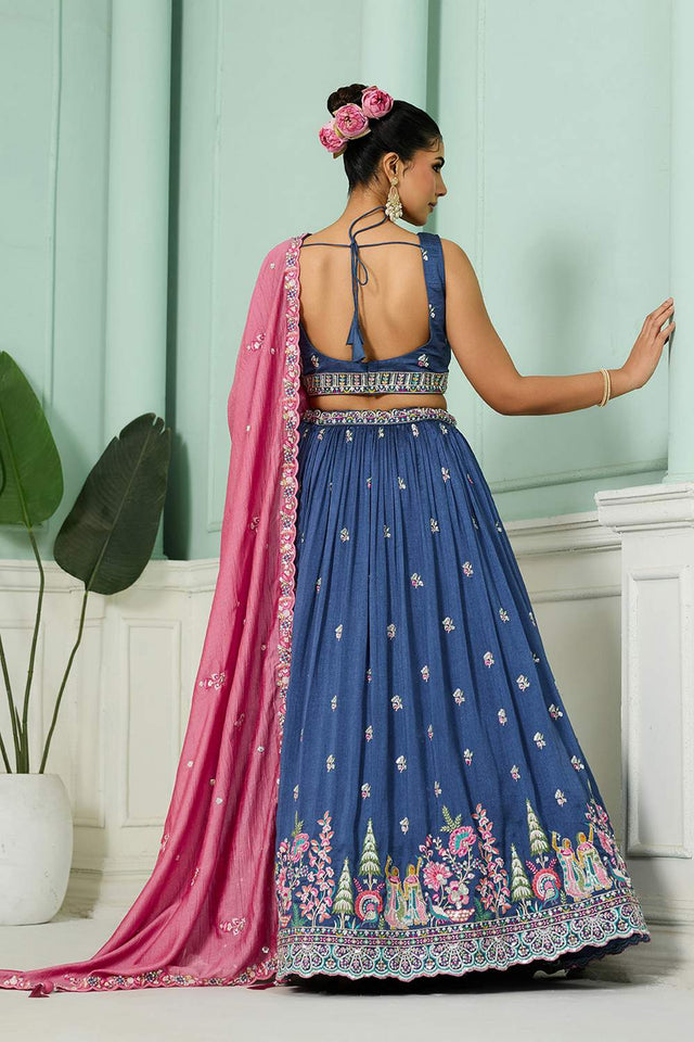 Blue Floral Embroidered Silk Lehenga