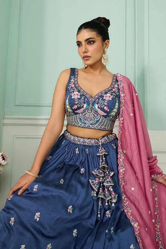 Blue Floral Embroidered Silk Lehenga