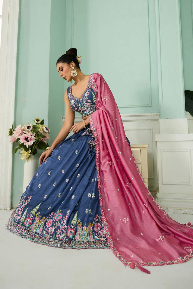 Blue Floral Embroidered Silk Lehenga