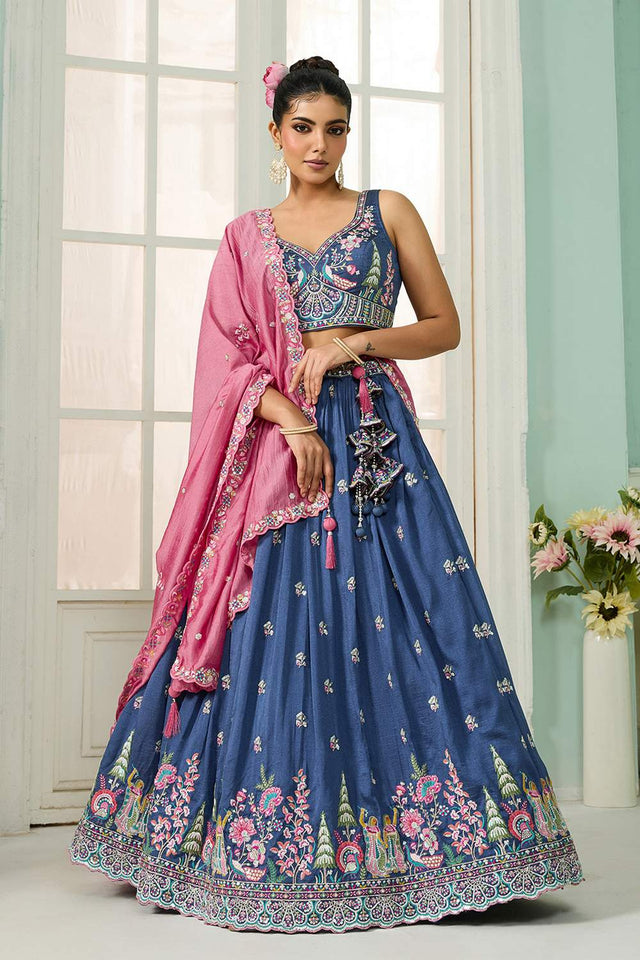 Blue Floral Embroidered Silk Lehenga