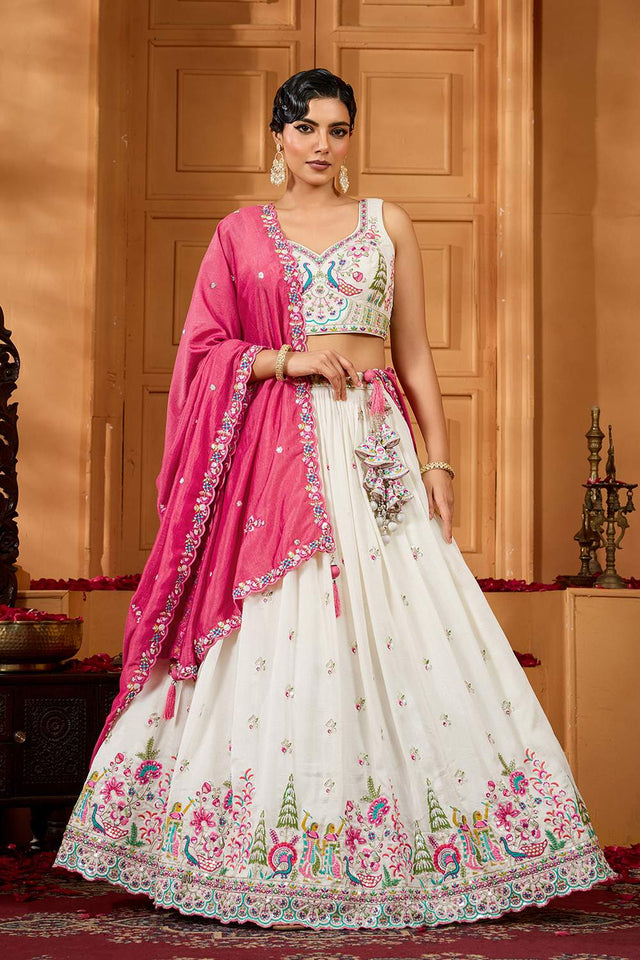 Cream Floral Embroidered Silk Lehenga (ACA2311)