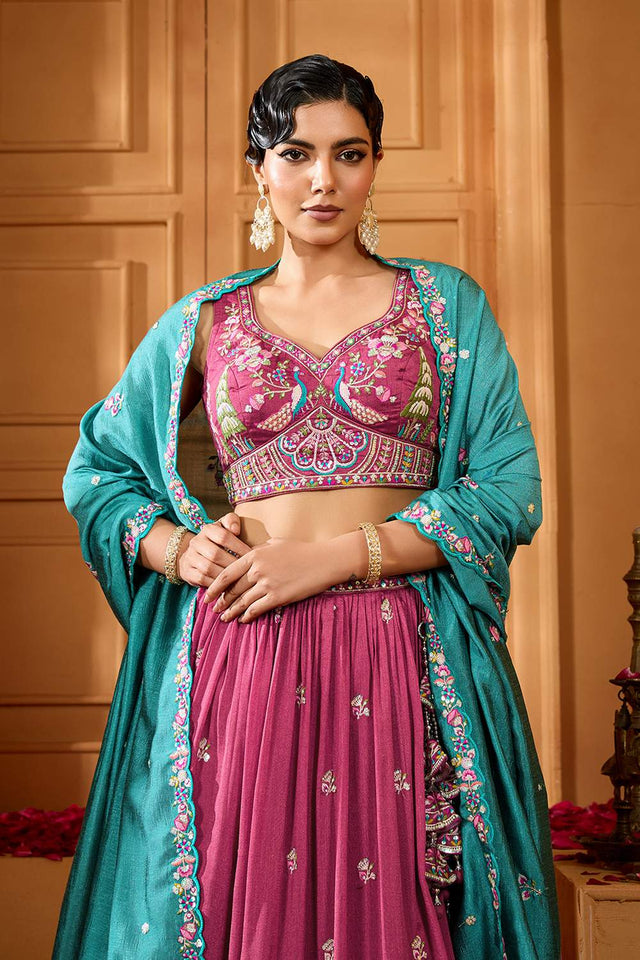 Multi-Color Floral Embroidered Silk Lehenga (ACA2312)