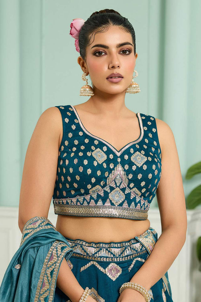 Turquoise Thread Work Silk Lehenga