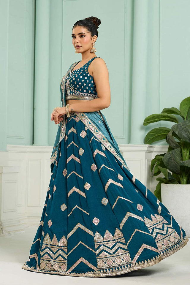 Turquoise Thread Work Silk Lehenga