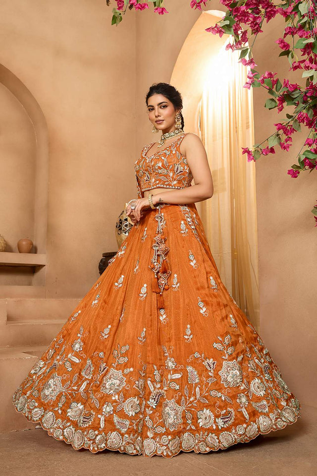 Orange Floral Embroidered Tissue Lehenga (ACA2316)