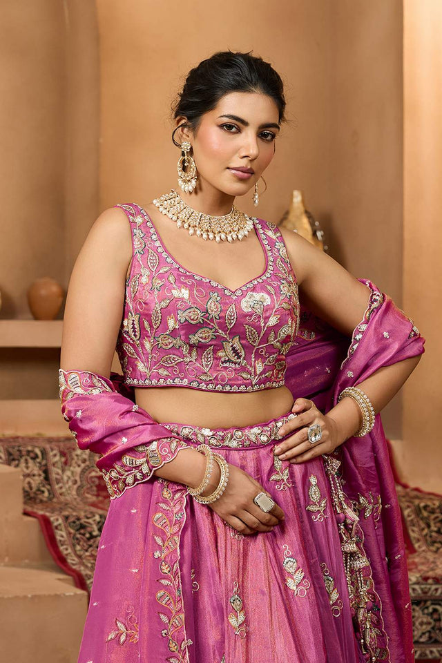 Pink Floral Embroidered Tissue Lehenga (ACA2317)