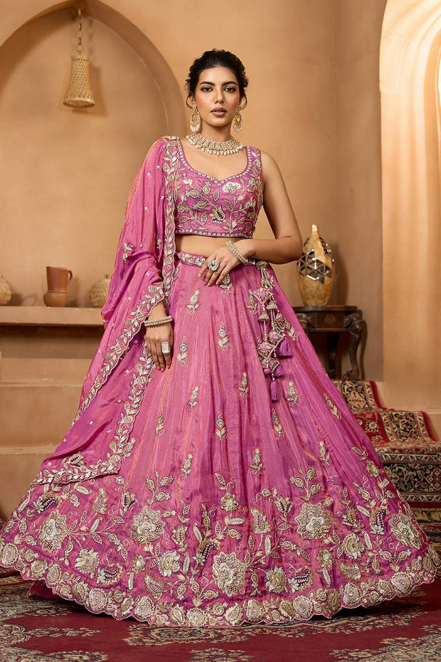 Pink Floral Embroidered Tissue Lehenga (ACA2317)