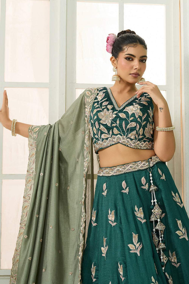 Turquoise Floral Embroidered Silk Lehenga