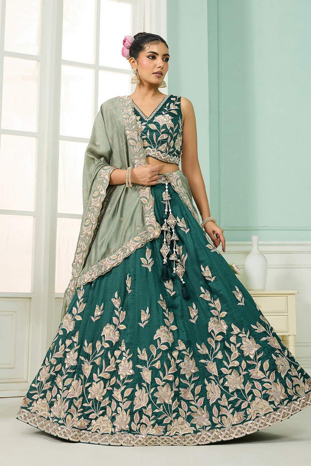 Turquoise Floral Embroidered Silk Lehenga