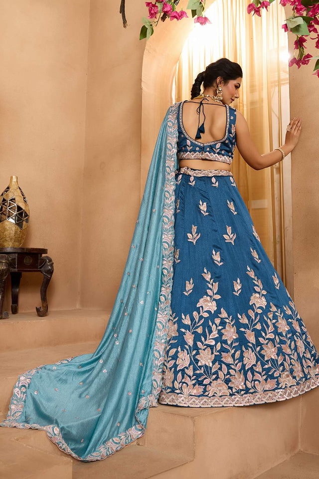 Turquoise Floral Embroidered Silk Lehenga