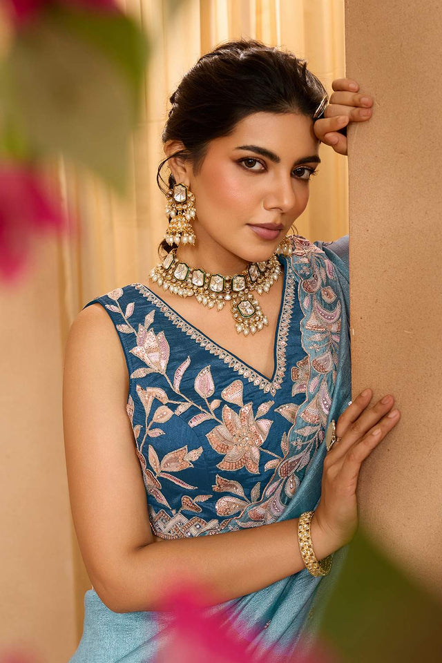 Turquoise Floral Embroidered Silk Lehenga