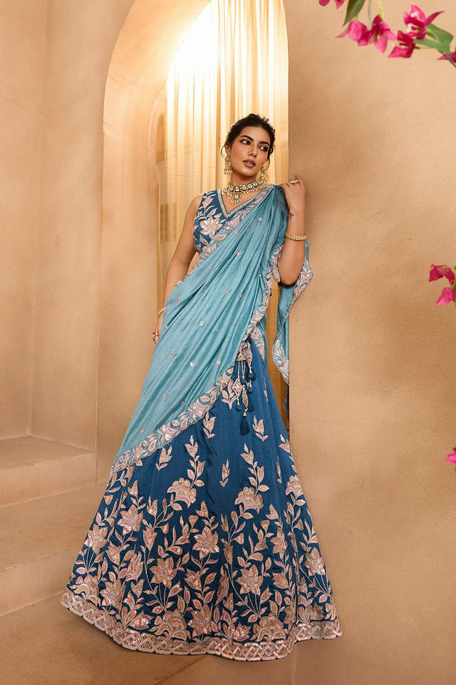 Turquoise Floral Embroidered Silk Lehenga