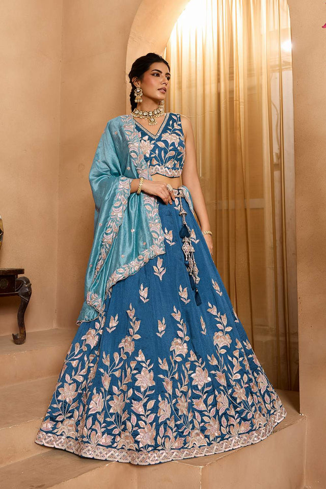 Turquoise Floral Embroidered Silk Lehenga