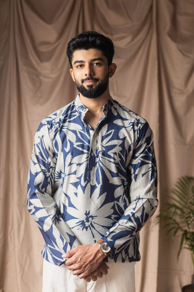Blue Printed Linen Men's Kurta Tops (ACA2324)
