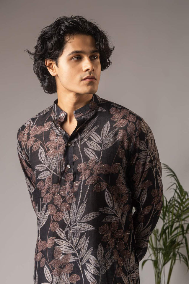 Black Printed Modal Silk Men's Kurta Sets