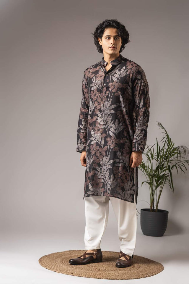 Black Printed Modal Silk Men's Kurta Sets