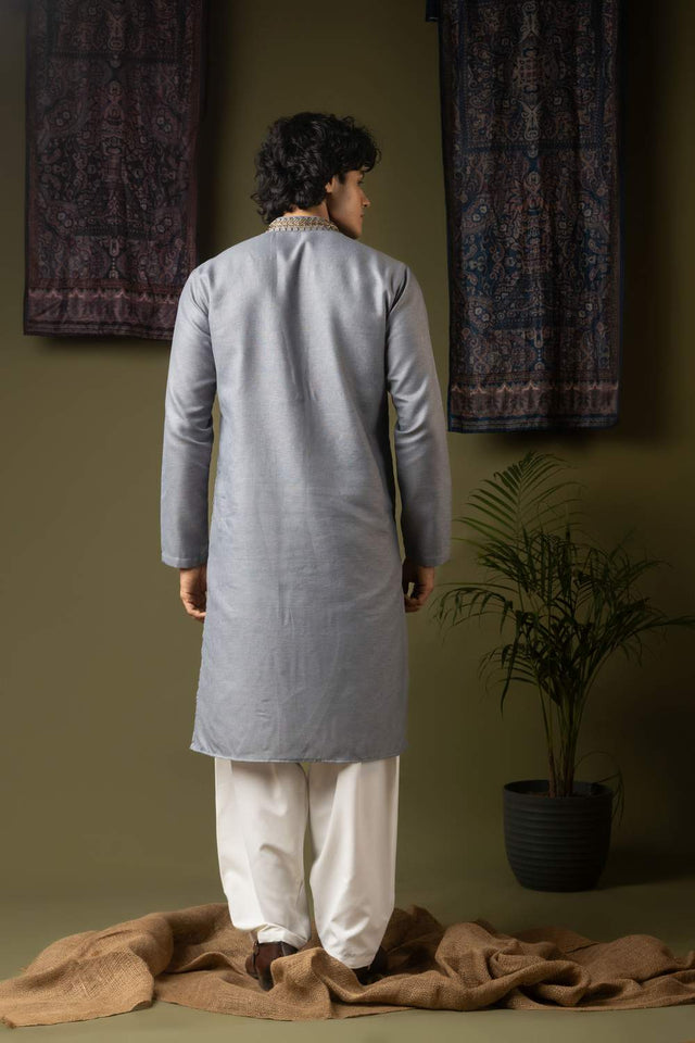 Blue Embroidered Linen Men's Kurta Sets