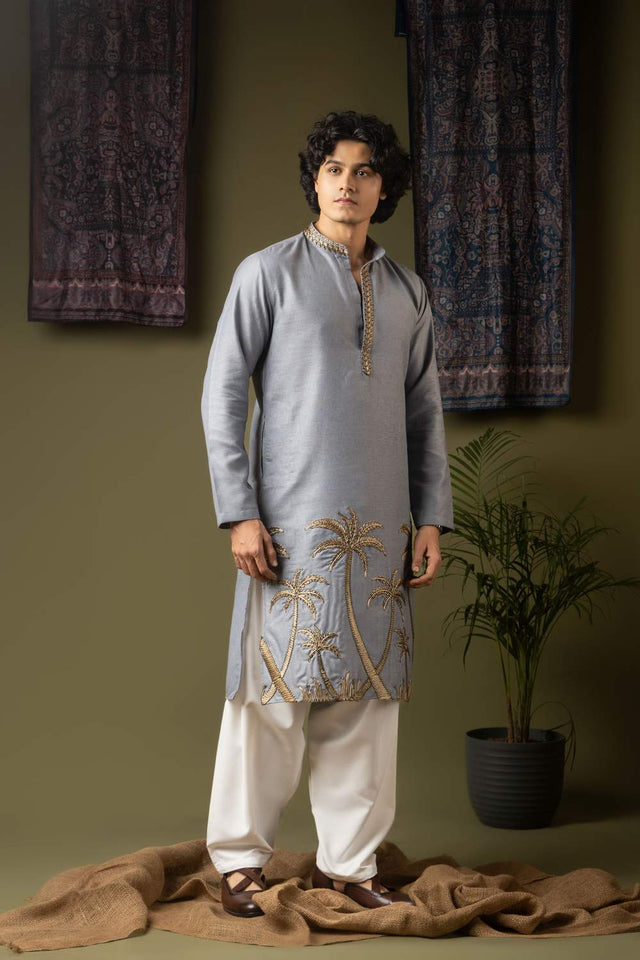 Blue Embroidered Linen Men's Kurta Sets