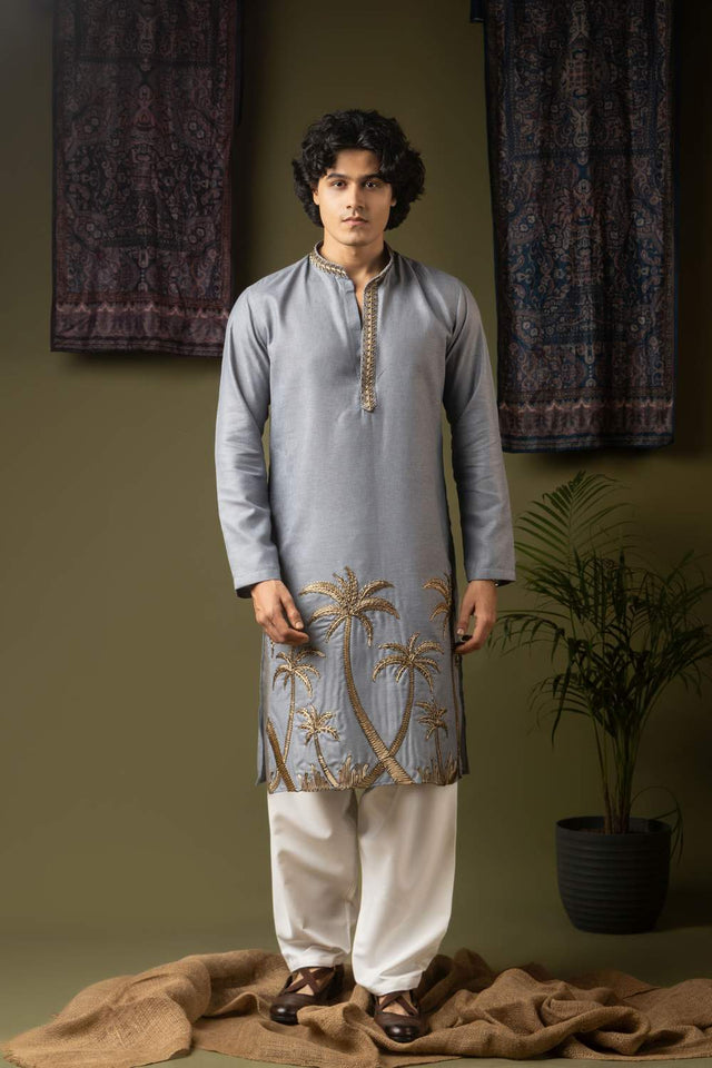 Blue Embroidered Linen Men's Kurta Sets