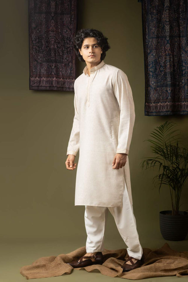 Off White Embroidered Linen Men's Kurta Sets