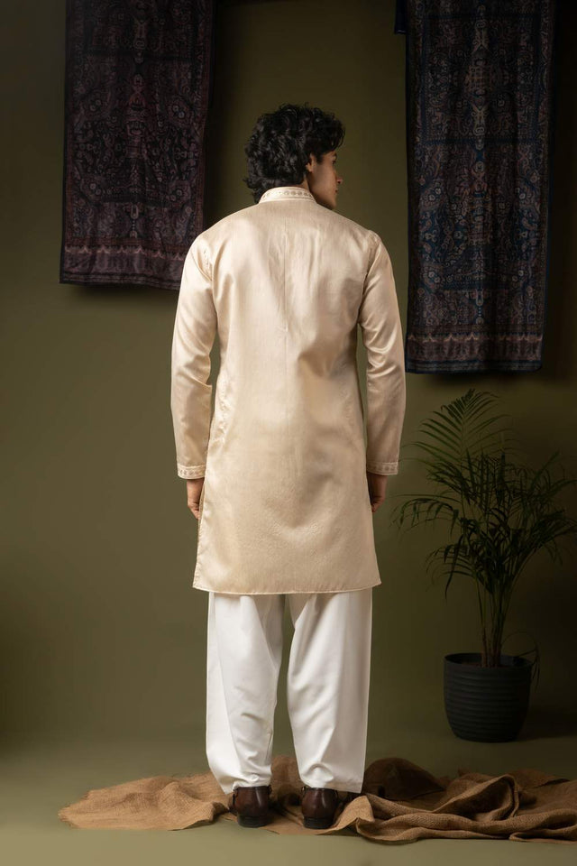 Off White Embroidered Silk Men's Kurta Sets